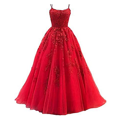 AmphaDeco Frauen Spaghetti Träger Spitze Tüll Applikationen Ballkleid, formelle Party Hochzeit Verwendung, Hochzeitskleid, Abendkleid,Rot,XS von AmphaDeco