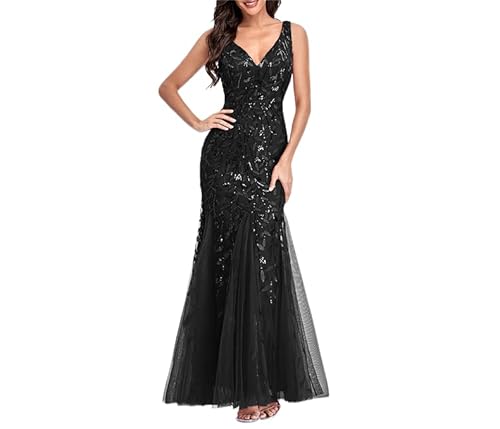 AmphaDeco Frauen sexy V-Ausschnitt ärmelloses langes Kleid Fischschwanzkleid Abendkleid, Brautjungfernkleider, langes Bodycon-Kleid, Party-Abendkleid,Schwarz,M von AmphaDeco