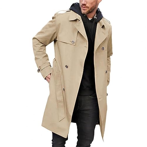 AmphaDeco Herren Herbst Winter Trenchcoat, Einfarbig Winddichtes Revers Langarmgürtel Zweireihige Tasche Trenchjacke, Lässiger Slim-Fit-Mantel,Khaki,L von AmphaDeco