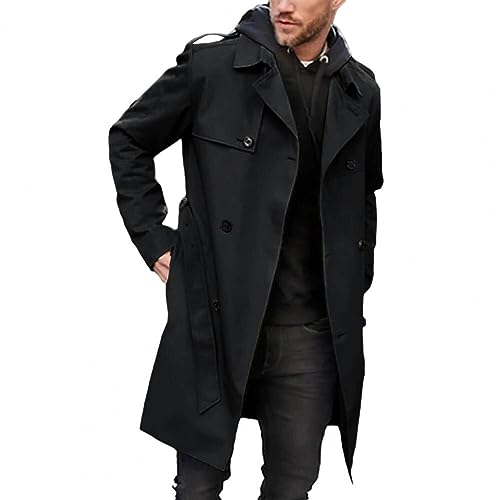 AmphaDeco Herren Herbst Winter Trenchcoat, Einfarbig Winddichtes Revers Langarmgürtel Zweireihige Tasche Trenchjacke, Lässiger Slim-Fit-Mantel,Schwarz,L von AmphaDeco