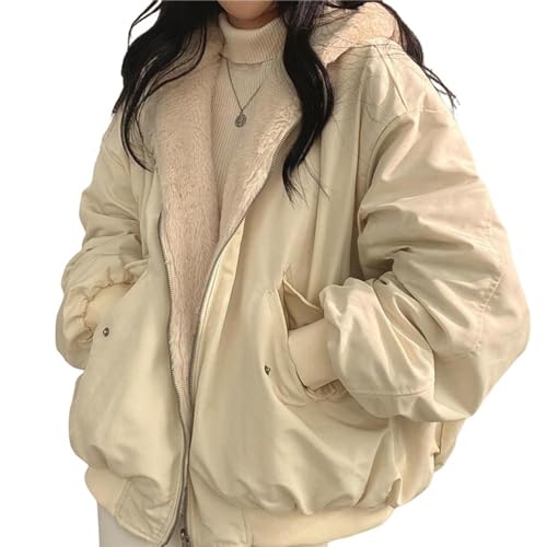 AmphaDeco Wendbare Kapuzenjacke, verdickter und warmer Winterparka für Damen, Fleece-Bomberjacke mit lockerem Reißverschluss, modische Freizeitjacke,Beige,M von AmphaDeco