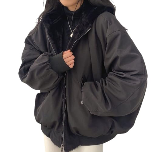 AmphaDeco Wendbare Kapuzenjacke, verdickter und warmer Winterparka für Damen, Fleece-Bomberjacke mit lockerem Reißverschluss, modische Freizeitjacke,Schwarz,L von AmphaDeco