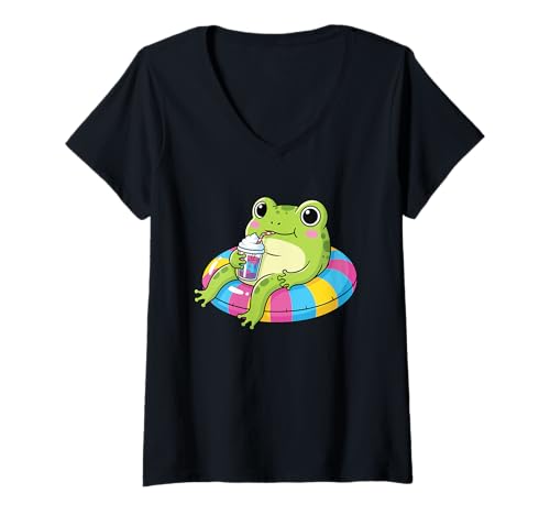 Damen Süßer Frosch Pool Float Drinking Slushy - Summer Pond Party T-Shirt mit V-Ausschnitt Damen Süßer Frosch Pool Float Drinking Slushy - Summer Pond Party T-Shirt mit V-Ausschnitt von Amphibian Aquatics Gear - Ribbit & Relax Styles