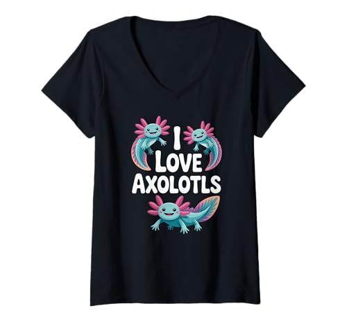 Damen I Love Axolotls Süße Salamander Kunst T-Shirt mit V-Ausschnitt Damen I Love Axolotls Süße Salamander Kunst T-Shirt mit V-Ausschnitt von Amphibian Enthusiast Cute Creatures