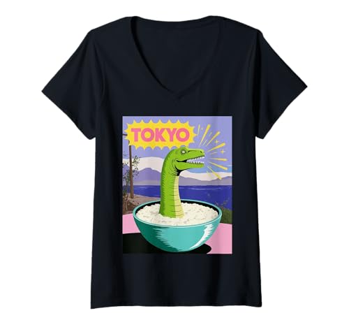 Damen Lustige Dinosaurier-Reisschale Tokyo Japan Pop Art Humor Damen Herren T-Shirt mit V-Ausschnitt Damen Lustige Dinosaurier-Reisschale Tokyo Japan Pop Art Humor Damen Herren T-Shirt mit V-Ausschnitt von Amphibian Turntable Joke Rave Beat Afterparty