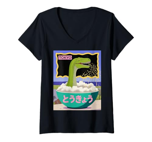 Damen Lustige Dinosaurier-Reisschale Tokyo Japan Pop Art Humor Damen Herren T-Shirt mit V-Ausschnitt Damen Lustige Dinosaurier-Reisschale Tokyo Japan Pop Art Humor Damen Herren T-Shirt mit V-Ausschnitt von Amphibian Turntable Joke Rave Beat Afterparty