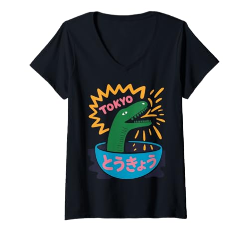 Damen Lustige Dinosaurier-Reisschale Tokyo Japan Pop Art Humor Damen Herren T-Shirt mit V-Ausschnitt Damen Lustige Dinosaurier-Reisschale Tokyo Japan Pop Art Humor Damen Herren T-Shirt mit V-Ausschnitt von Amphibian Turntable Joke Rave Beat Afterparty