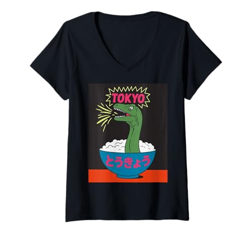 Damen Lustige Dinosaurier-Reisschale Tokyo Japan Pop Art Humor Damen Herren T-Shirt mit V-Ausschnitt Damen Lustige Dinosaurier-Reisschale Tokyo Japan Pop Art Humor Damen Herren T-Shirt mit V-Ausschnitt von Amphibian Turntable Joke Rave Beat Afterparty