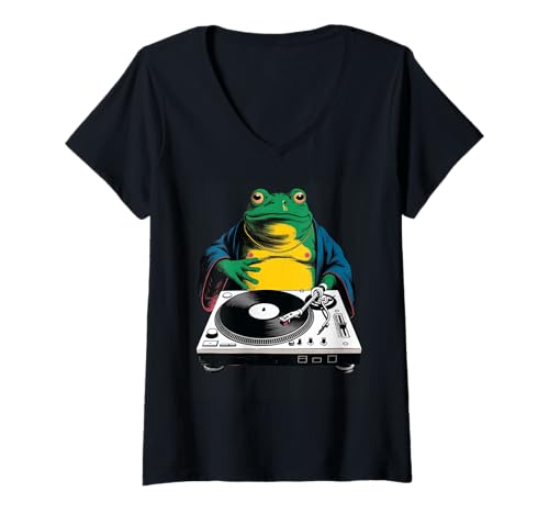 Damen Lustiger Frosch DJ Spruch Groove Musik Meme Humor Musiker Party T-Shirt mit V-Ausschnitt von Amphibian Turntable Joke Rave Beat Afterparty
