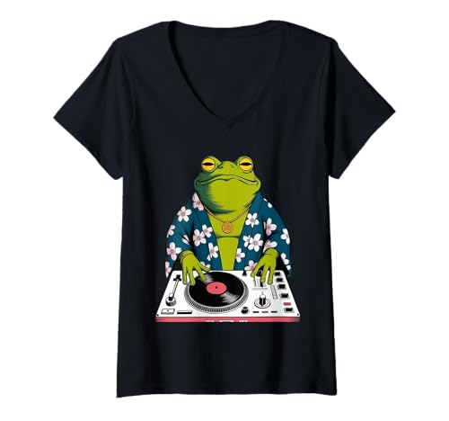 Damen Lustiger Frosch DJ Spruch Groove Musik Meme Humor Musiker Party T-Shirt mit V-Ausschnitt von Amphibian Turntable Joke Rave Beat Afterparty