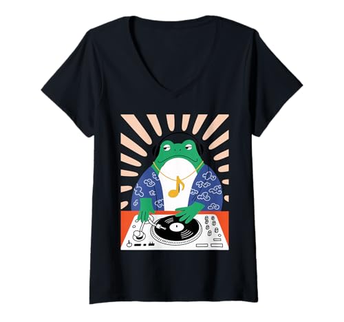 Damen Lustiger Frosch DJ Spruch Groove Musik Meme Humor Musiker Party T-Shirt mit V-Ausschnitt Damen Lustiger Frosch DJ Spruch Groove Musik Meme Humor Musiker Party T-Shirt mit V-Ausschnitt von Amphibian Turntable Joke Rave Beat Afterparty
