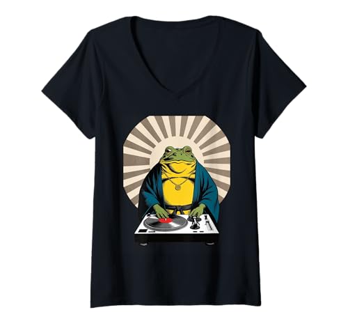 Damen Lustiger Frosch DJ Spruch Groove Musik Meme Humor Musiker Party T-Shirt mit V-Ausschnitt von Amphibian Turntable Joke Rave Beat Afterparty