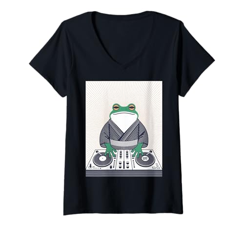 Damen Lustiger Frosch DJ Spruch Groove Musik Meme Humor Musiker Party T-Shirt mit V-Ausschnitt von Amphibian Turntable Joke Rave Beat Afterparty