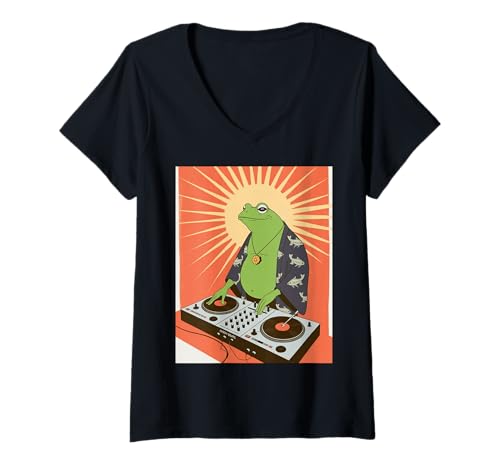 Damen Lustiger Frosch DJ Spruch Groove Musik Meme Humor Musiker Party T-Shirt mit V-Ausschnitt von Amphibian Turntable Joke Rave Beat Afterparty