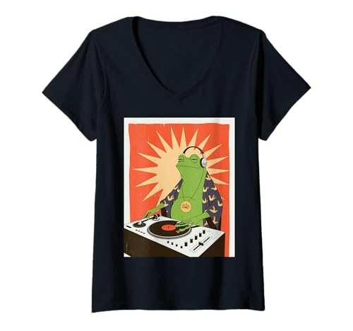 Damen Lustiger Frosch DJ Spruch Groove Musik Meme Humor Musiker Party T-Shirt mit V-Ausschnitt Damen Lustiger Frosch DJ Spruch Groove Musik Meme Humor Musiker Party T-Shirt mit V-Ausschnitt von Amphibian Turntable Joke Rave Beat Afterparty