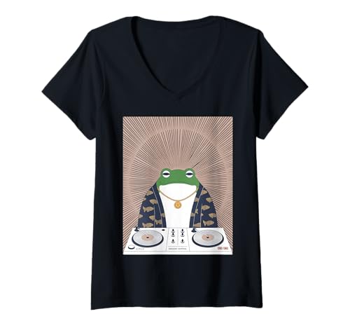 Damen Lustiger Frosch DJ Spruch Groove Musik Meme Humor Musiker Party T-Shirt mit V-Ausschnitt von Amphibian Turntable Joke Rave Beat Afterparty