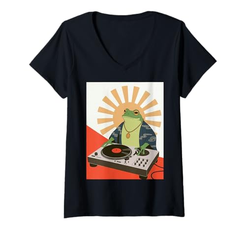 Damen Lustiger Frosch DJ Spruch Groove Musik Meme Humor Musiker Party T-Shirt mit V-Ausschnitt von Amphibian Turntable Joke Rave Beat Afterparty