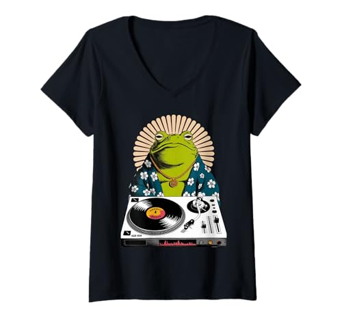 Damen Lustiger Frosch DJ Spruch Groove Musik Meme Humor Musiker Party T-Shirt mit V-Ausschnitt von Amphibian Turntable Joke Rave Beat Afterparty