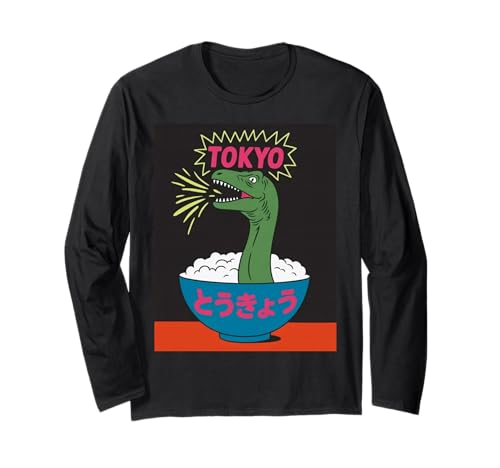 Lustige Dinosaurier-Reisschale Tokyo Japan Pop Art Humor Damen Herren Langarmshirt von Amphibian Turntable Joke Rave Beat Afterparty