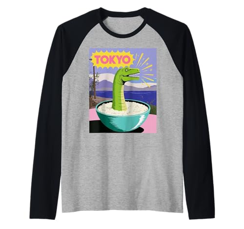 Lustige Dinosaurier-Reisschale Tokyo Japan Pop Art Humor Damen Herren Raglan von Amphibian Turntable Joke Rave Beat Afterparty