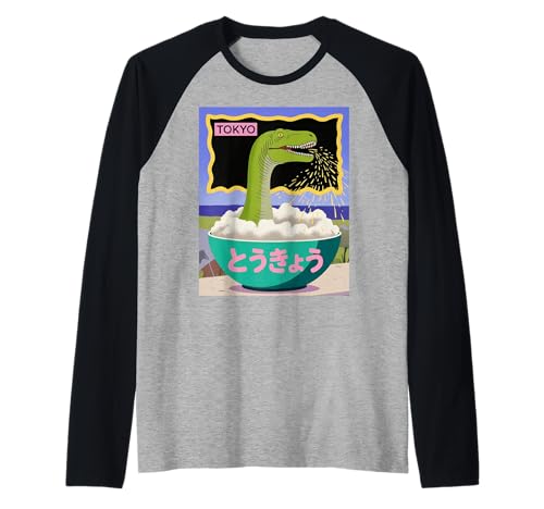 Lustige Dinosaurier-Reisschale Tokyo Japan Pop Art Humor Damen Herren Raglan von Amphibian Turntable Joke Rave Beat Afterparty
