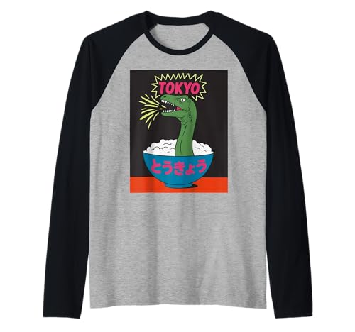 Lustige Dinosaurier-Reisschale Tokyo Japan Pop Art Humor Damen Herren Raglan von Amphibian Turntable Joke Rave Beat Afterparty