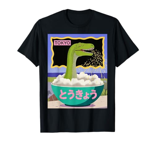 Lustige Dinosaurier-Reisschale Tokyo Japan Pop Art Humor Damen Herren T-Shirt von Amphibian Turntable Joke Rave Beat Afterparty