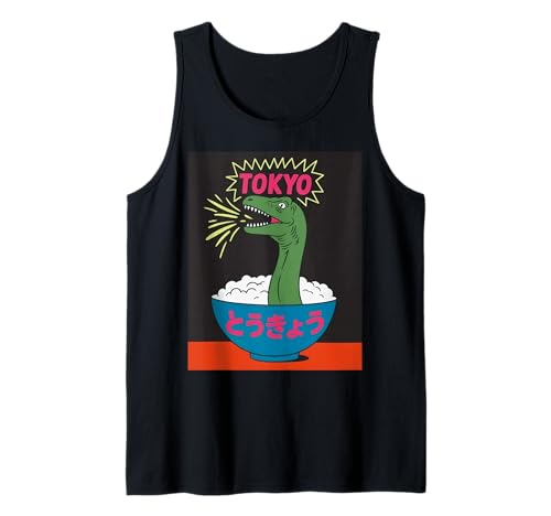 Lustige Dinosaurier-Reisschale Tokyo Japan Pop Art Humor Damen Herren Tank Top von Amphibian Turntable Joke Rave Beat Afterparty