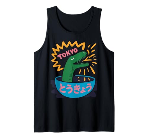 Lustige Dinosaurier-Reisschale Tokyo Japan Pop Art Humor Damen Herren Tank Top von Amphibian Turntable Joke Rave Beat Afterparty