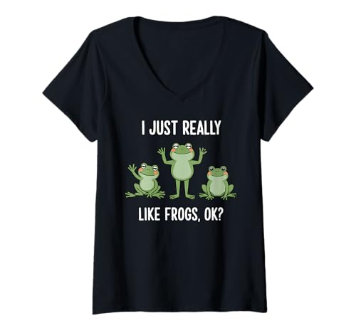 Damen Ich Mag Frösche Lustig Tierliebhaber Humor Spruch T-Shirt mit V-Ausschnitt von Amphibien Freunde Spaß Frösche Quirky Naturfan