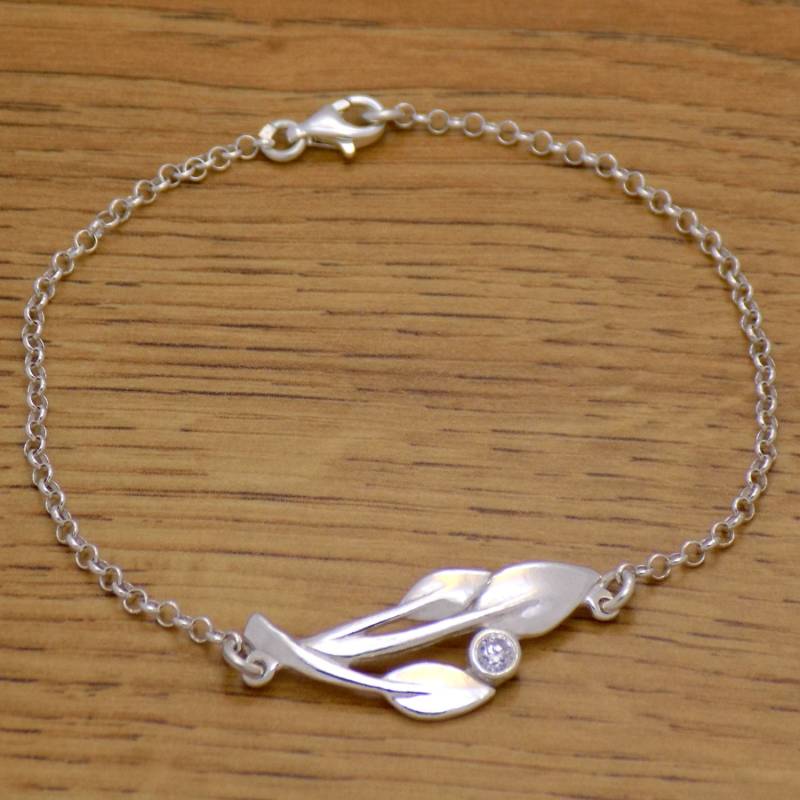 Super Wunderbare Leicht Solide 925 Sterling Silber Cool Schöne Weiße Zirkonia Cz Blume Blatt Armband 18.0 cm/7.1 "Lang von AmphoraJewelry