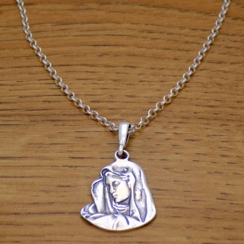 Wunderbare Massive 925Er Sterlingsilber-Heilige Jungfrau Maria-Ikone Oxidierte Anhänger-Halskette Mit Kette Großes Atemberaubendes Schönes von AmphoraJewelry