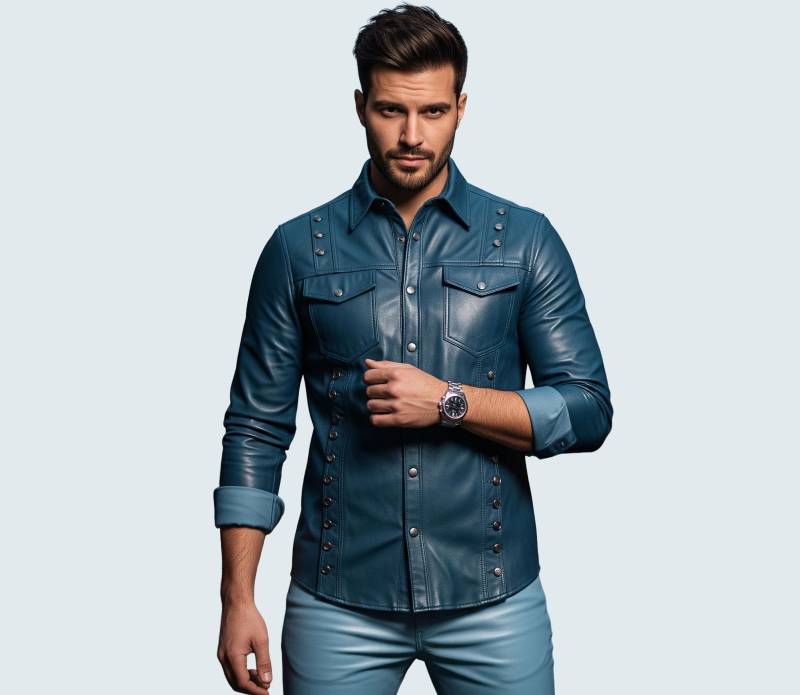 Blue Leather Button Up Shirt For Men - Long Sleeve Studded Western Style Jacket Stylish Night Out Outfit Gift For Him von AmpleFusion