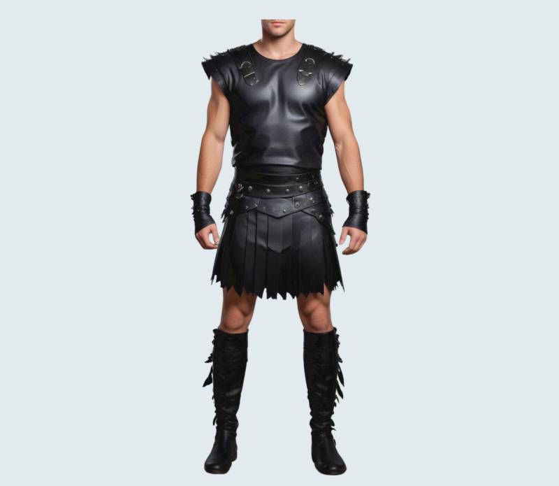 Genuine Leather Men Black Armor & Kilt - Classic Warrior Set Handmade Gladiator Kilt Set With Perfect Gift For Him von AmpleFusion