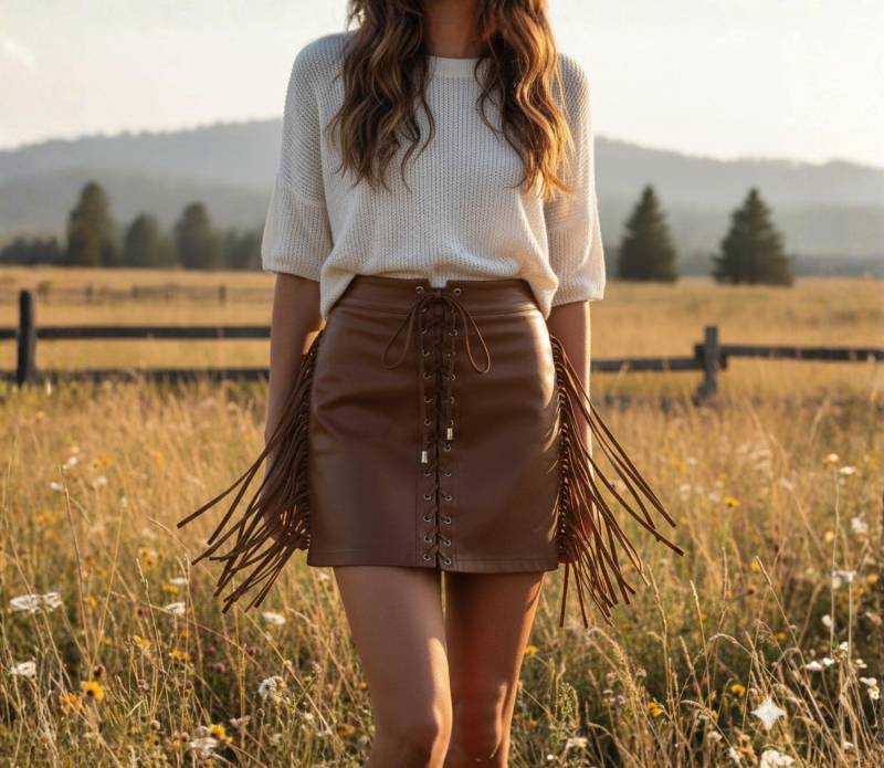 Handmade Lace Up Fringe Leather Skirt Genuine Western Cowgirl Skirt von AmpleFusion
