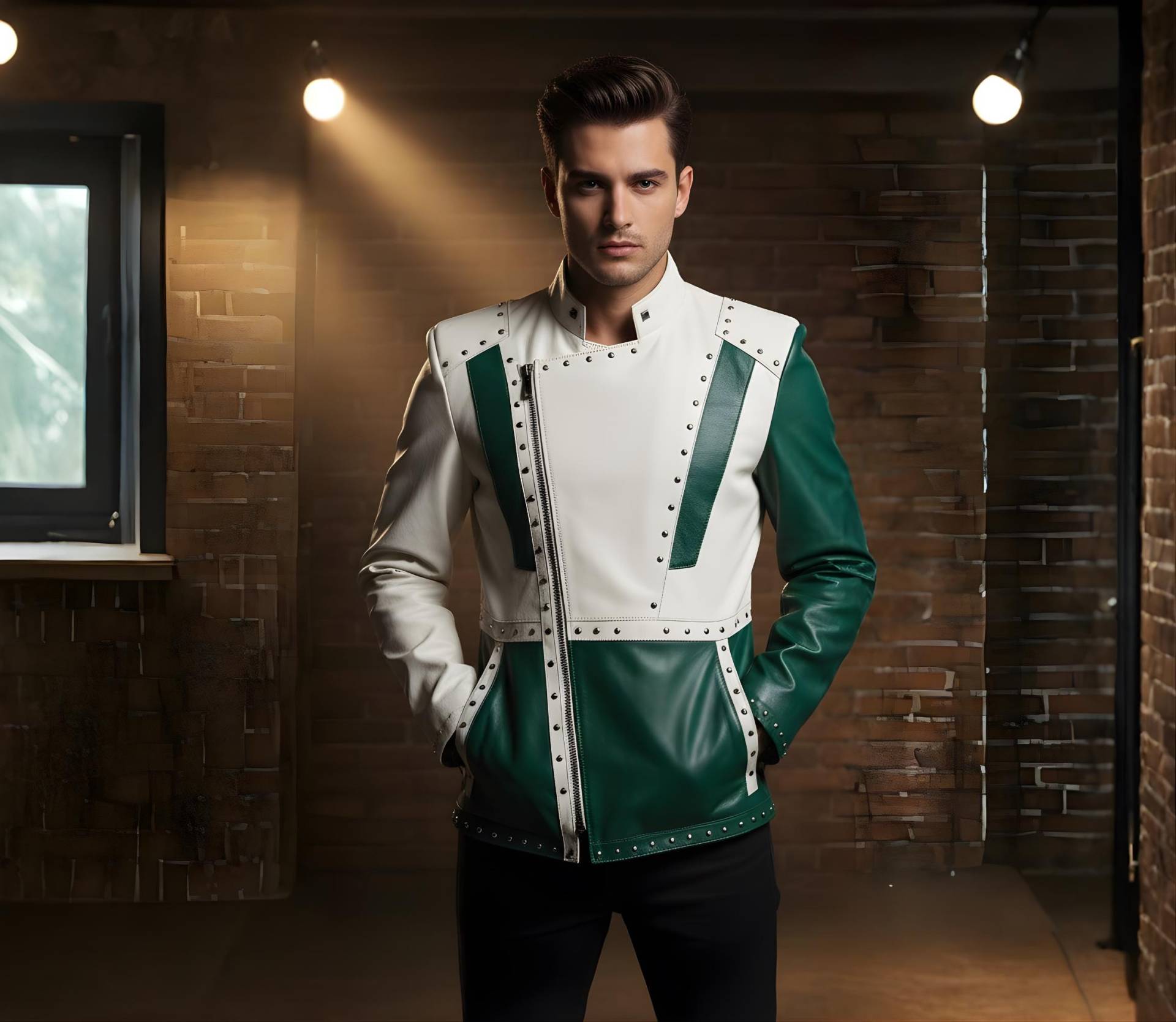 Handmade White & Green Studded Leather Jacket Genuine Biker Style Jackeyt von AmpleFusion