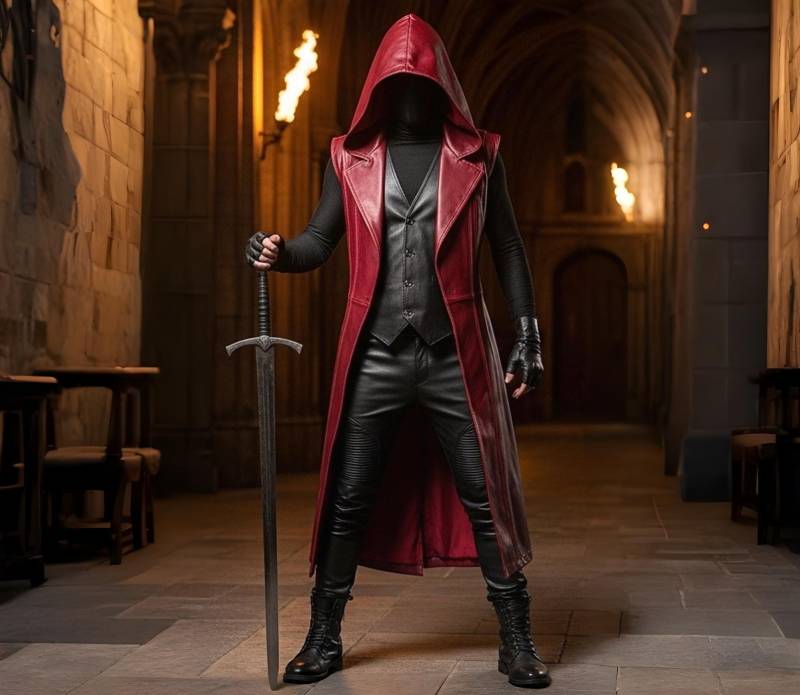 Men Red Hooded Leather Sleeveless Trench Coat Gothic Assassin Cosplay Vest - Genuine Medieval Outfit Gift For Him von AmpleFusion