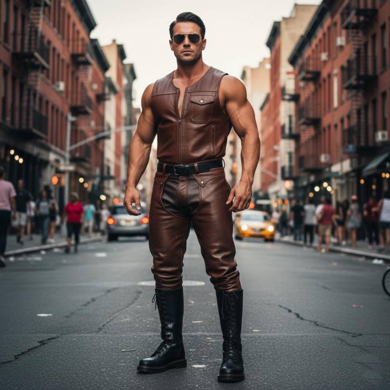 Men's Sleeveless Brown Leather Outfit - Stylish Leather Street Wear Vest With Chaps Mens Clothing Gift For Him von AmpleFusion