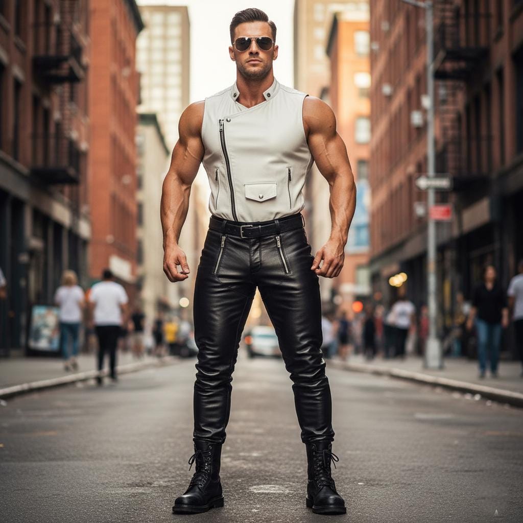 Men's White Leather Sleeveless Vest With Black Pants - Street Style Biker Gothic Fashion Outfit Gift For Him von AmpleFusion