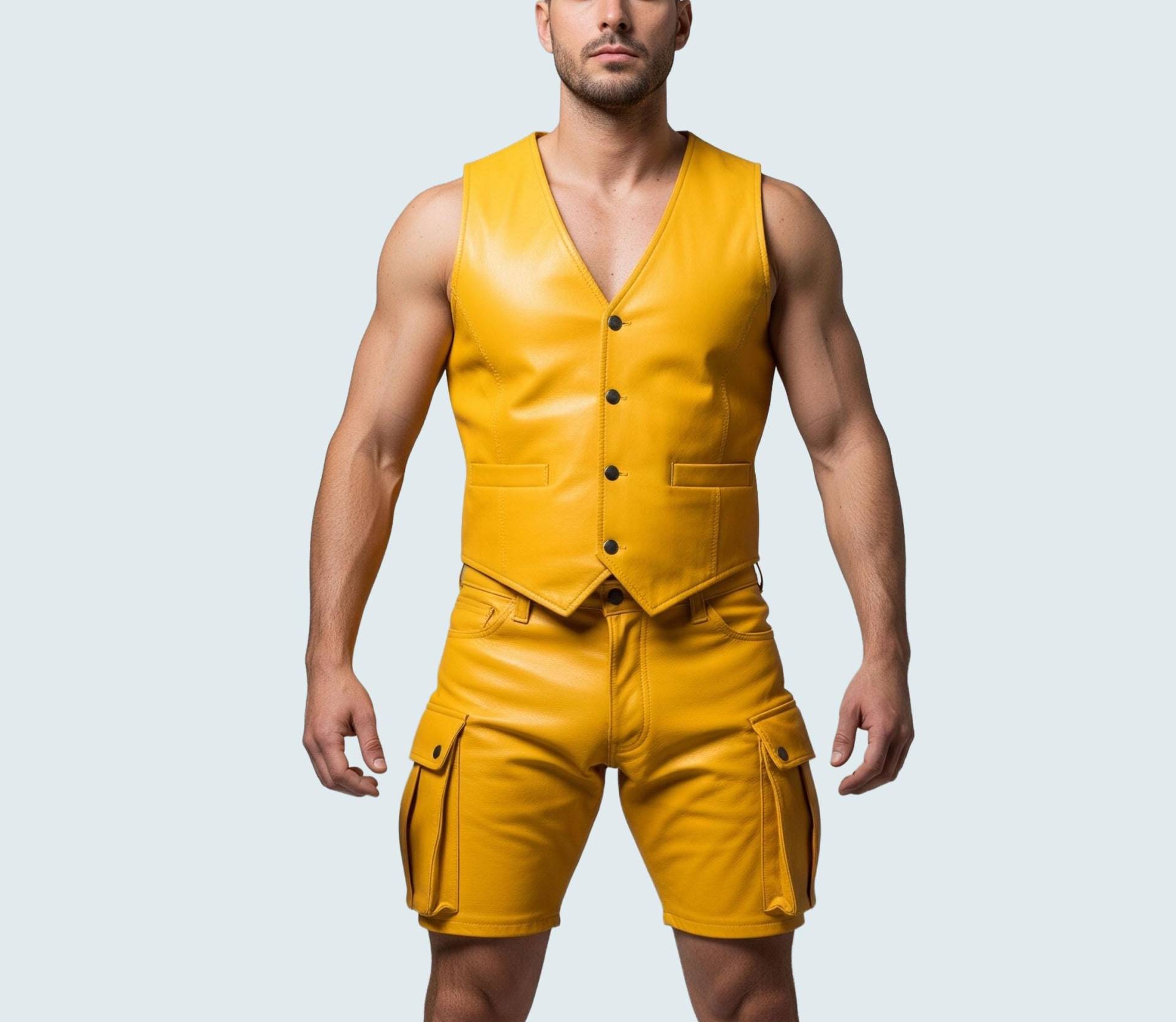 Men's Yellow Leather Vest & Shorts Set - Stylish Casual Wear & Street Fashion Party Wear Outfit Men Gift For Him von AmpleFusion