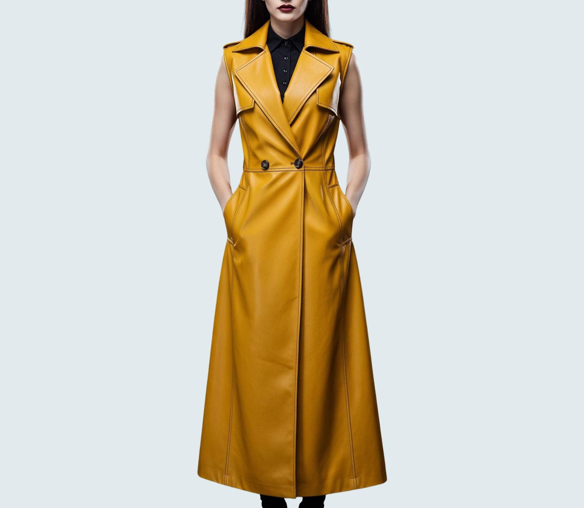 Women Yellow Leather Long Stylish Coat, Womens Fashion Halloween Costume, Unique Outerwear, Cosplay Trench Coat, Gift For Her von AmpleFusion
