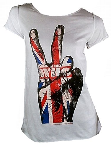 Amplified Damen Lady T-Shirt Weiss White Official The WHO Merchandise Union Jack UK England Flag Victory Finger Rock Star Vintage Nähte Aussen VIP Rockstar L 42 von Amplified