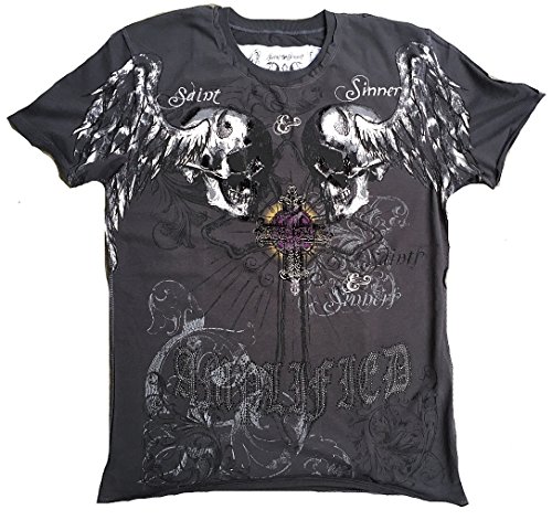 Amplified Herren T-Shirt Anthrazit Saint Sinner HOLY Skull Strass Gothic Cross Holly Totenkopf Engel Tattoo Designer Special Edition Rock Star Vintage Nähte Aussen XXL 56 von Amplified