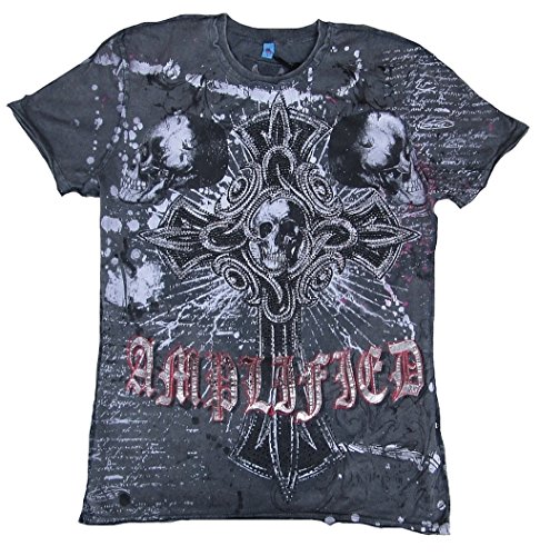 Amplified Herren T-Shirt Grau Anthrazit Saint Sinner Gothic Cross Skull Strass Totenkopf Black Geist Ghost Tattoo Designer Special Edition Rock Star Vintage L 50/52 von Amplified