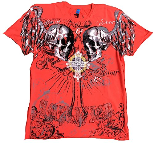 Amplified Herren T-Shirt Rot Saint Sinner HOLY Skull Strass Gothic Cross Holly Totenkopf Engel Tattoo Designer Special Edition Rock Star Vintage Nähte Aussen L 50/52 von Amplified