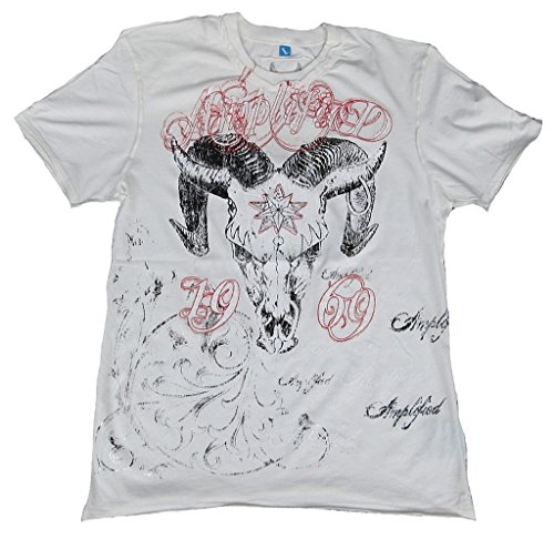 Amplified Herren T-Shirt Weiss White Saint Sinner 1969 RAM Skull Strass Tattoo Designer Hammer Special Edition Rock Star Vintage Nähte Aussen Club Rockstar Design L 50/52 von Amplified