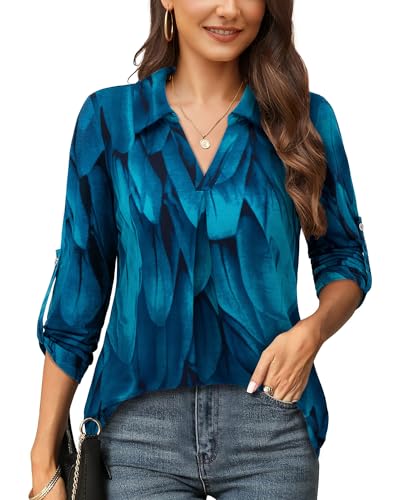 Amrto Casual Bluse Damen, V-Ausschnitt Blätte 3/4 Ärmel Longbluse mit Revers Hemdkragen Blatt Bedruckte Casual Langarmshirt Oberteil, Blau L von Amrto