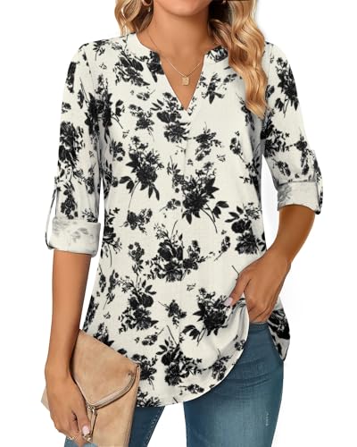 Amrto Casual Damen Shirt, Floral Geblümt Bluse Longbluse Tunika mit V-Ausschnitt 3/4 Ärmel Lose Lässig, Elegant Schwarz Bedruckt Langarmshirt Oberteil Outfit für Arbeit, Beige XL von Amrto