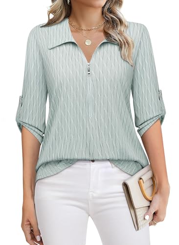 Amrto Damen V-Ausschnitt Bluse Casual Tunika mit Reißverschluss, Sommer Oberteile Longshirt Elegant Loose Gestreifte Longbluse, Grün L von Amrto
