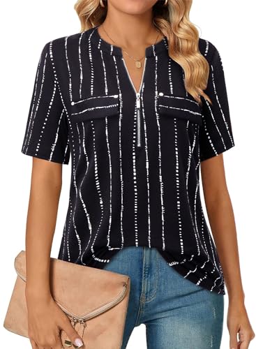 Amrto Bluse Damen Kurzarm Schwarz Gestreifte Blusen Longbluse Sommer Tunika Tops V-Ausschnitt Damen Oberteile Reißverschluss Longshirt A Form T-Shirt Große Größen Business Shirt L von Amrto